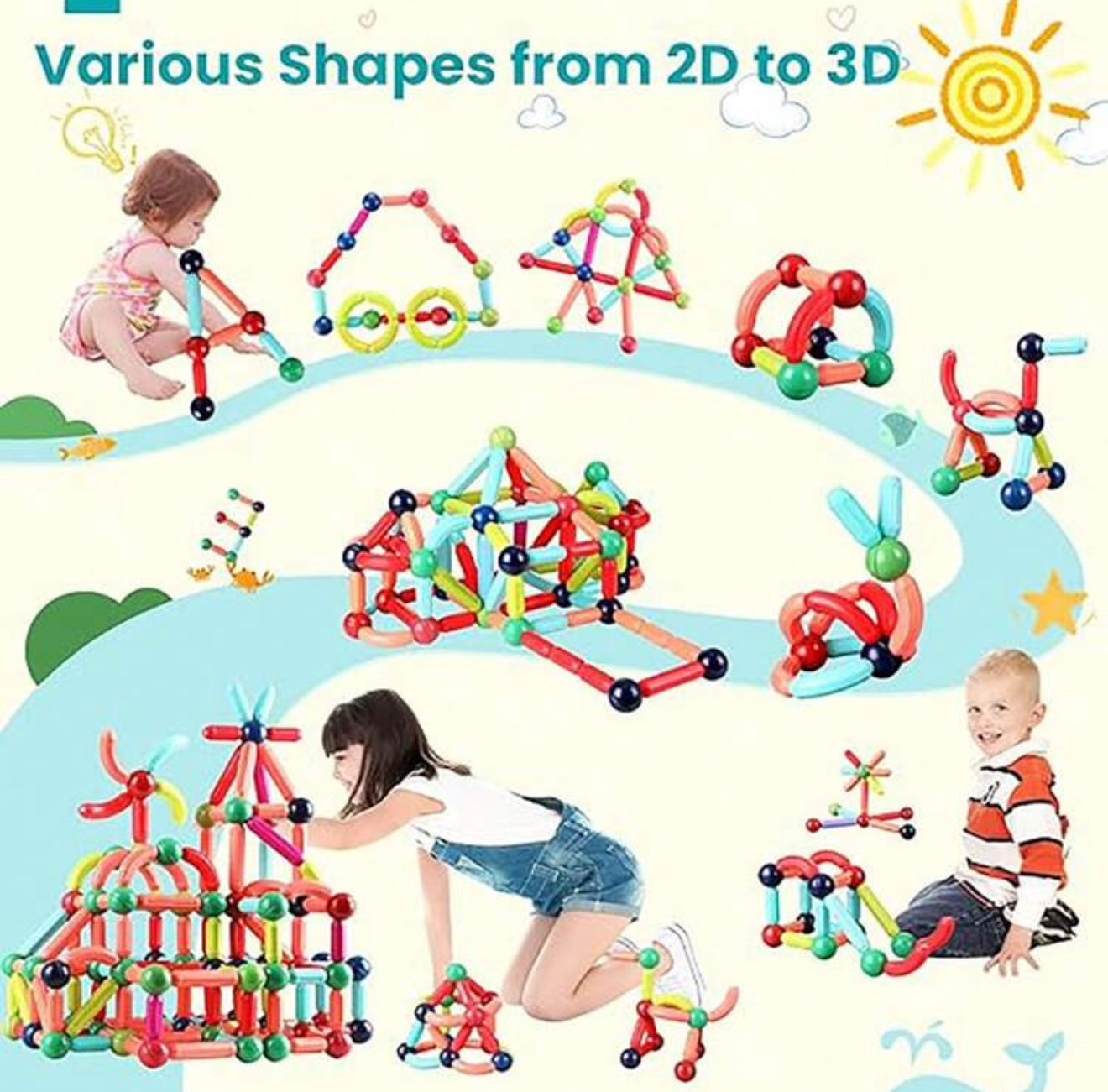 64/128 Piece Magnetic Building Sticks – STEM Construction Toy Set for Kids – Creative Magnetic Rods for Educational Play and 3D Structures